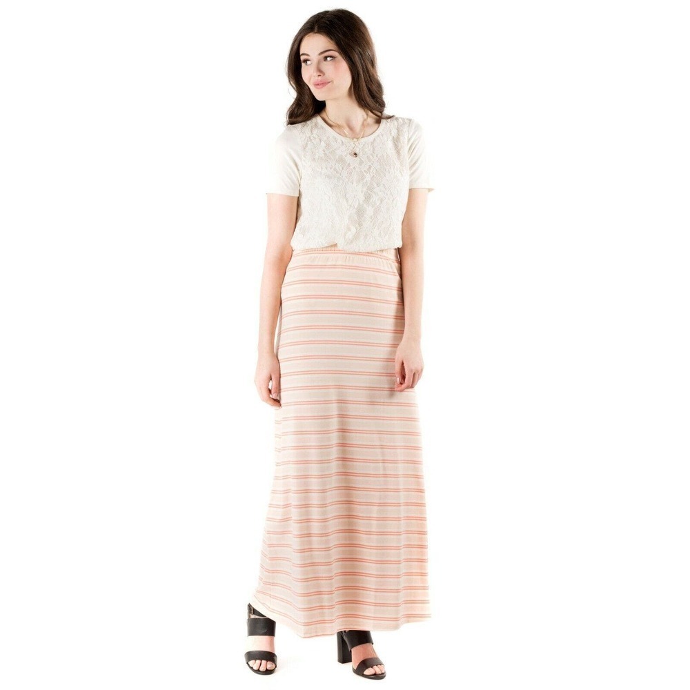 New Downeast "Happy Day" Maxi Skirt Pink Stripe Jersey A-Line Unlined Small